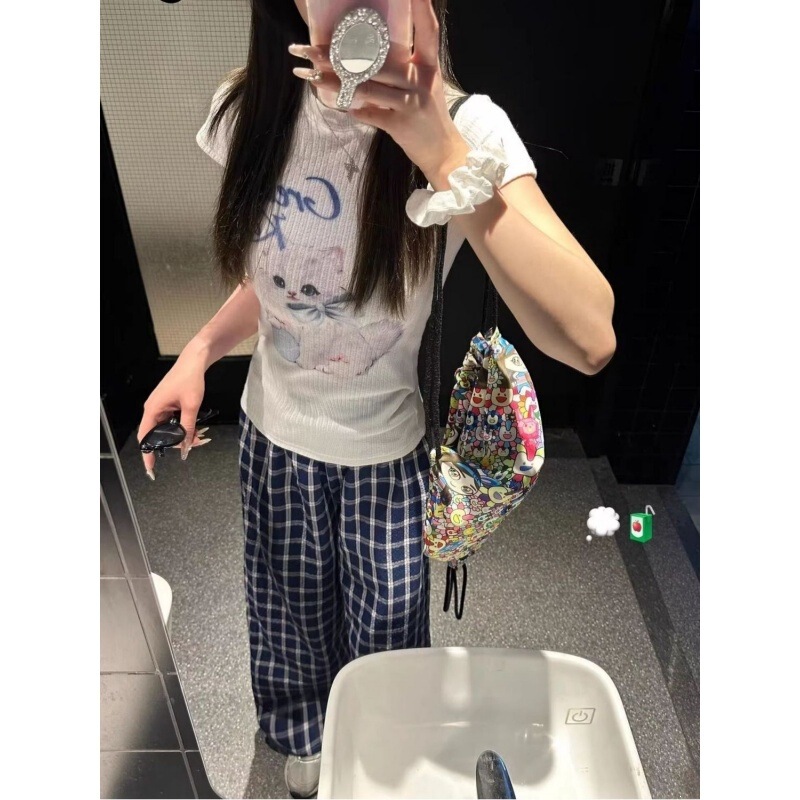 Summer Printed Short-Sleeved Wide-Leg Pants for Girls, Slim-Fitting Two-Piece Set, Cute and Sweet Casual Sportswear Suit for Girls with Cat Print Summer Printed Short-Sleeved Wide-Leg Pants for Girls, Slim-Fitting Two-Piece Set, Cute and Sweet Casual Sportswear Suit for Girls with Cat Print