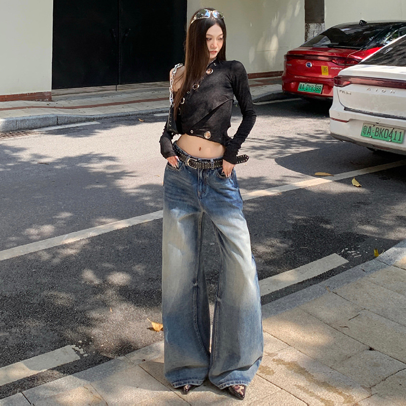 秋季新款美式直筒牛仔裤女时尚设计感复古蓝高腰宽松阔腿拖地裤子|undefined