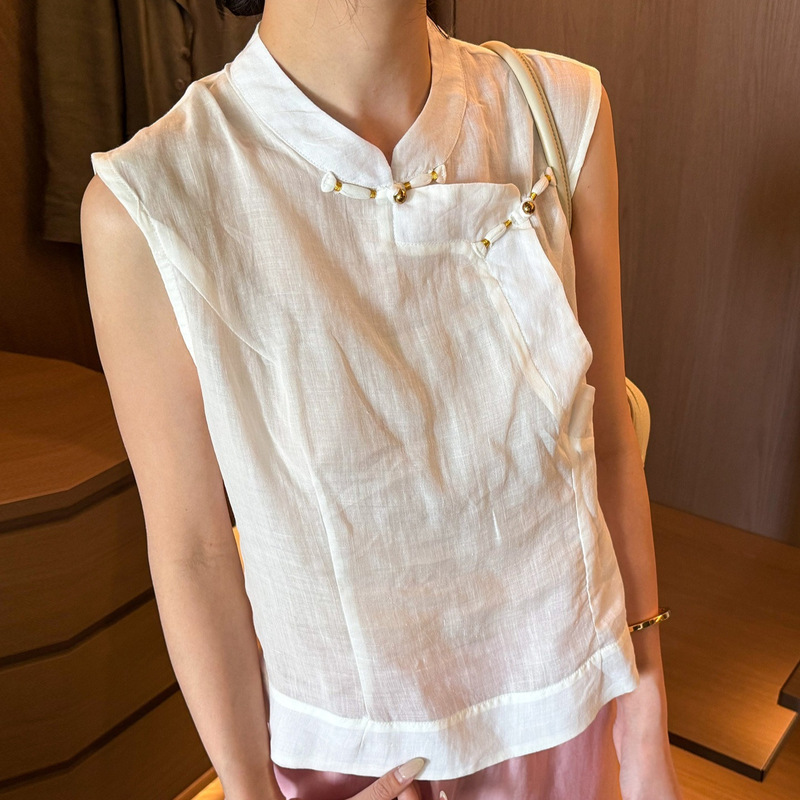 New Chinese-Style Button-Down Stand-Collar Linen Shirt for Women, European Style 2026 Summer New Fashion Sleeveless Top