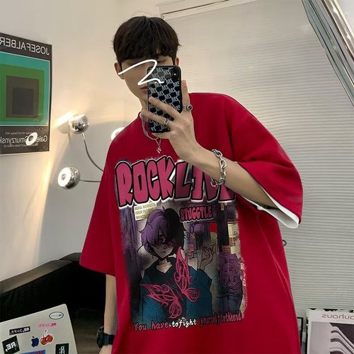 Pure Cotton New Wine Red T-Shirt for Men, American Style Trend Brand Retro Heavyweight Short-Sleeve Summer National Trend Casual Loose Half-Sleeve