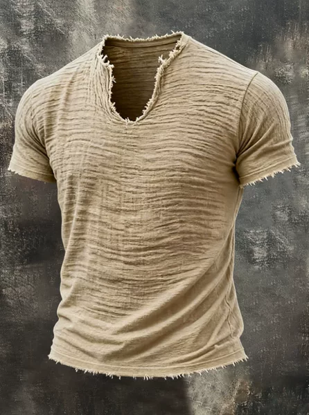 2026 Amazon Cross-Border Solid Color Men's Retro Cotton and Linen Fringed Special V-Neck Short-Sleeve T-Shirt for Summer