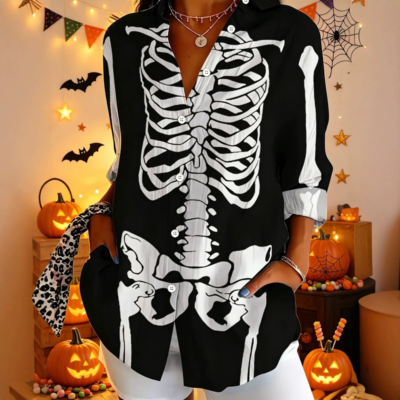 Cross-border 2026 Halloween Skeleton Women's Shirt, Turn-down Collar, Long Sleeve, Fashionable and Unique Cardigan, Direct from Factory