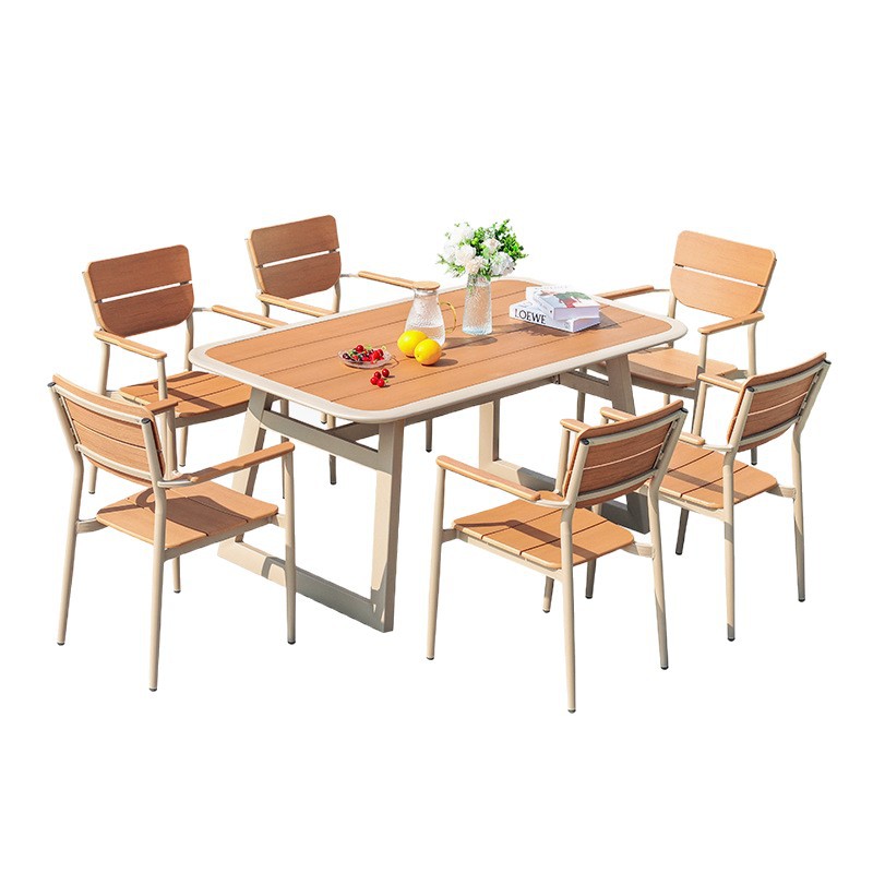Mesa y silla de patio de ocio al aire libre de la calle comercial combinación de mesa de madera de plástico aleación de aluminio anticorrosión al sol metal al aire libre mesa y silla de patio
