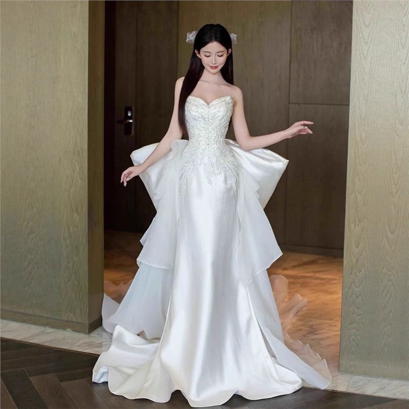 Mermaid Wedding Dress for Brides 2025 New French Satin Main Gown with High-Quality Texture, Light Luxury, Petite Wedding Veil