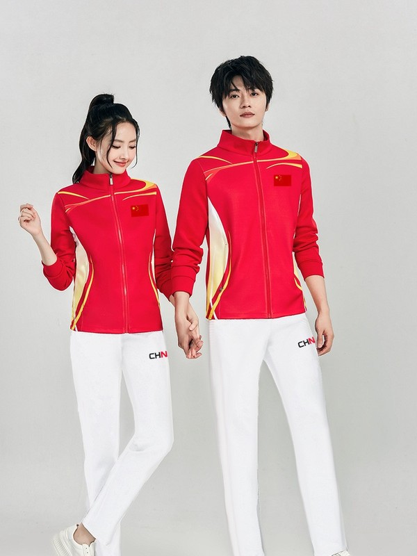 中国チームの男性と女性の同じスタイルのスポーツとレジャースーツランニングフィットネススポーツウェア春と秋のジャケットグループスーツプリント|undefined