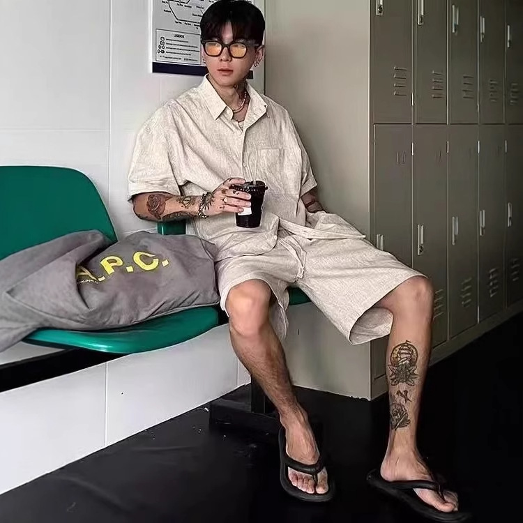 .Laoqianfeng Accessible Luxury Suit Men's Summer Mature and Stable Short-Sleeved Shirt Shorts Classy Linen Complete Set