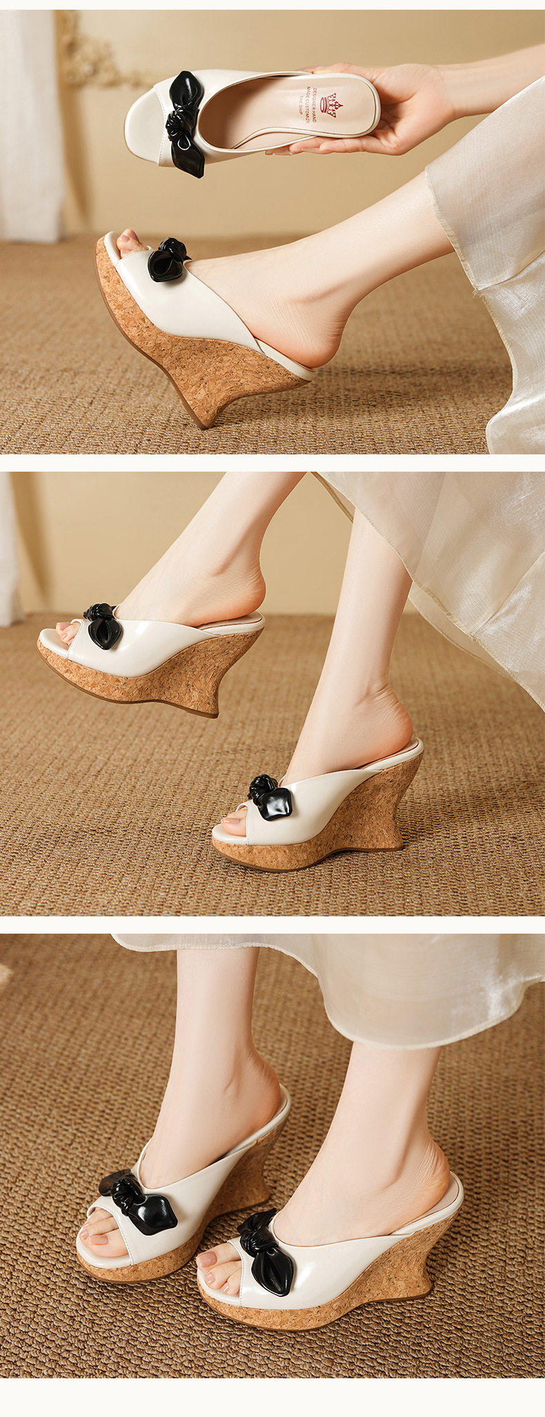 Dép sandal cao gót nữ hở mũi đế xuồng 11cm nơ bướm phong cách Hàn Quốc mùa hè — màu đen, màu trắng ngà chi tiết 4