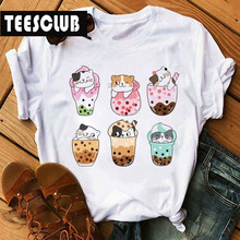 Bubble Tea Animal Tshirt Women 个性奶茶猫咪印花男女情侣T恤潮