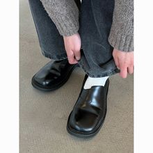 男鞋一脚蹬懒人皮鞋潮通勤高低趾橡筋皮鞋潮男套脚德比鞋上班开车