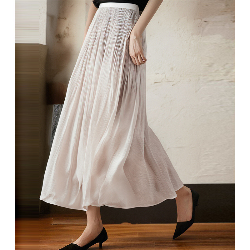 2026 Summer New Style Light Khaki Skirt for Women with Elastic Waist, Elegant and Graceful, Mid-Length A-Line Flowing Skirt
