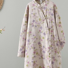 新中式斜襟盘扣印花棉麻连衣裙女士秋季中长款禅意旗袍裙袍子上衣