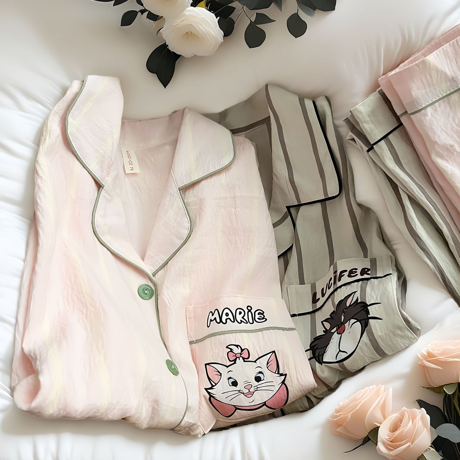 Korean Style Ins Big Face Cat Couple Pajamas Women's Summer Cartoon Long-Sleeved Pants Pure Cotton Can Be Worn Outside Home Clothes for Men