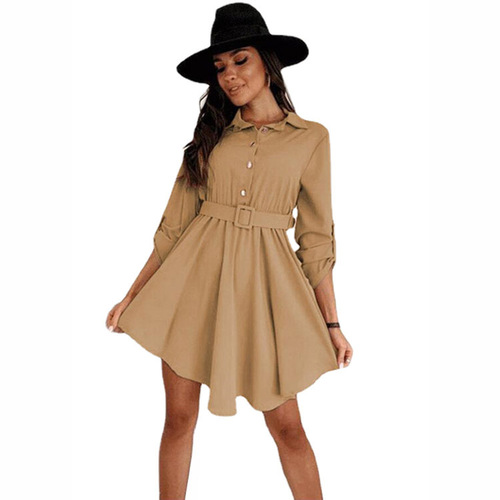 Wish Amazon 2024 Spring New Arrival European and American Style Color-Blocked Puff-Sleeved Waist-Slimming Shirt Long-Sleeved Solid-Color Dress
