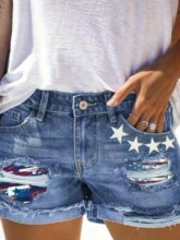 D 28113 Printed Patchwork Distressed Denim Shorts ӡ���ƶ�