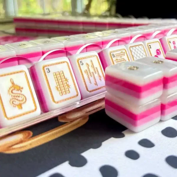 American hand-painted mahjong tiles, 32 pieces, four-layer acrylic with pearl shell accents, small floral design. America Mahjong Tiles