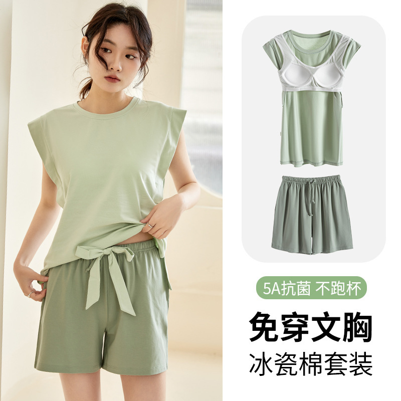 0902 Pajamas with Breast Pads for Women Summer Ice Porcelain Cotton Thin Short-Sleeved Outer Wear All-In-One Home Wear Set 2024 New Style 0902 Pajamas with Breast Pads for Women Summer Ice Porcelain Cotton Thin Short-Sleeved Outer Wear All-In-One Home Wear Set 2024 New Style