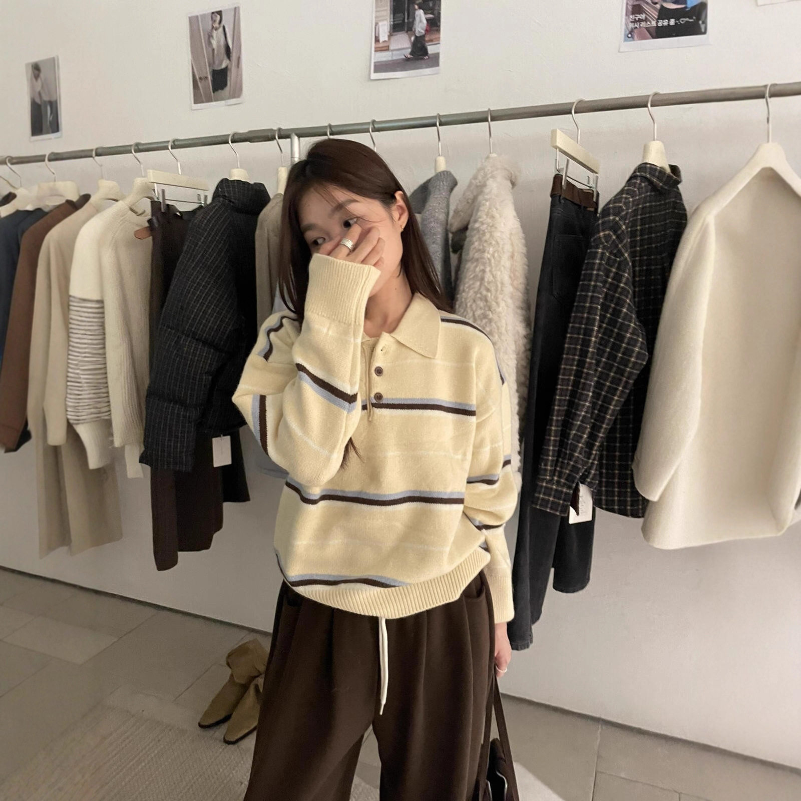 KITTIN 秋冬韩系学院风条纹撞色宽松套头Polo领长袖毛衣女G1785