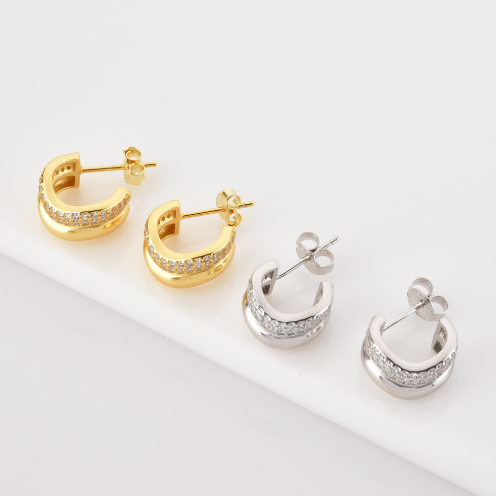 Electroplating Gold Plating Process 925 Sterling Silver Ear Needle Material 1 Pair 925 Sterling Silver Zircon C Shape Ear Studs