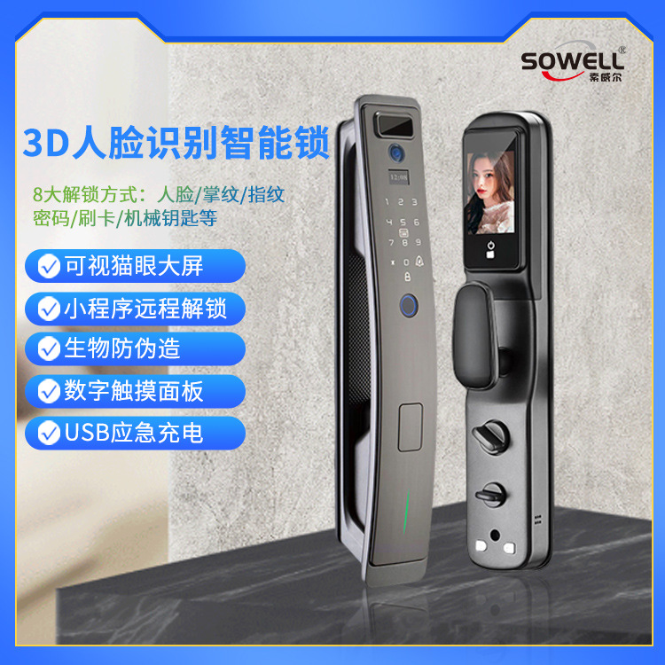 卧室门锁人脸大屏智能锁木门指纹锁3D人脸识别酒店公寓可视猫眼