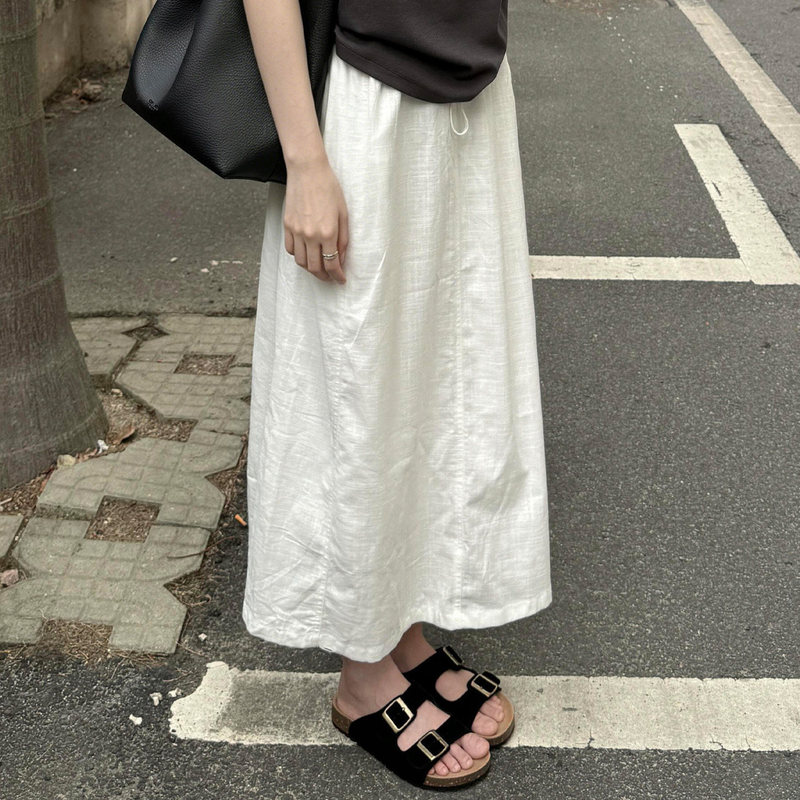 White linen skirt for women, new summer style, high-waisted A-line, loose-fitting, slimming, mid-length cotton-linen long skirt