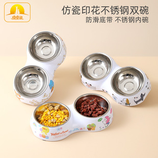 Spot wholesale leather Amoy imitation porcelain printing two-in-one pet double bowl non-slip bottom with stainless steel inner bowl dog bowl