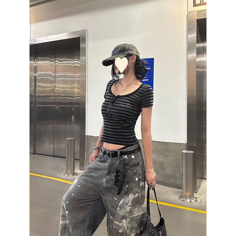 【酷丝螺纹】美式复古辣妹条纹U领正肩短袖T恤女夏季收腰短款上衣|undefined
