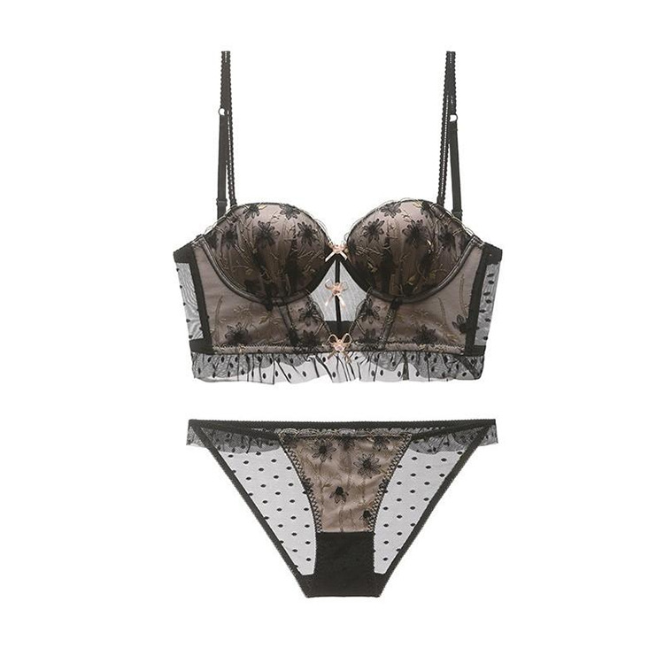 Summer New Large U-shaped Beautiful Back Bralette for Women with Lace Embroidery and Color Contrast Sexy Push-up Bra Set