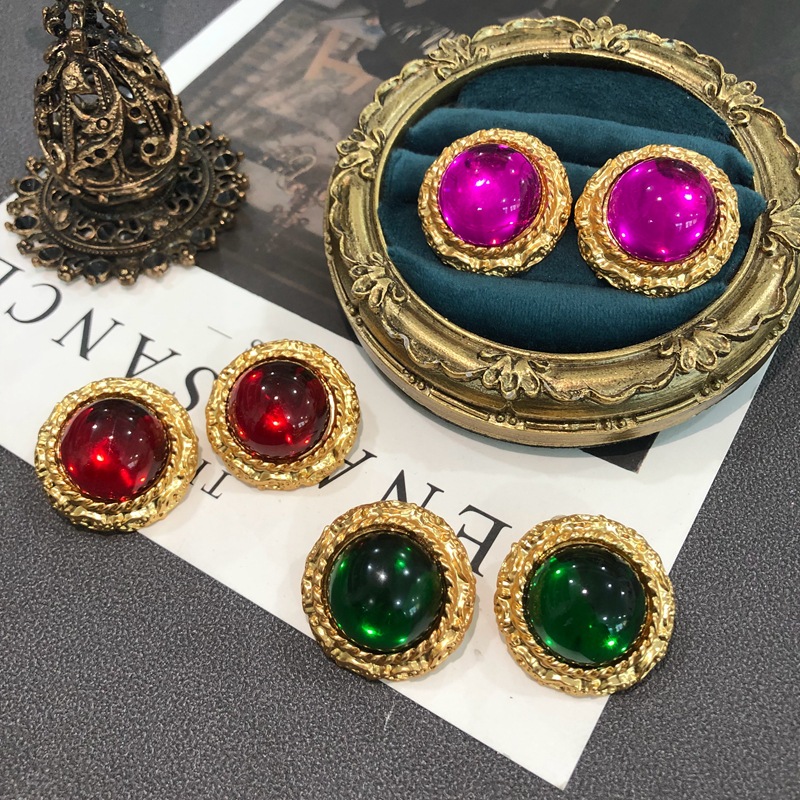 16g Weight 1 Pair Retro Round Alloy Plating Glass Women's Earrings