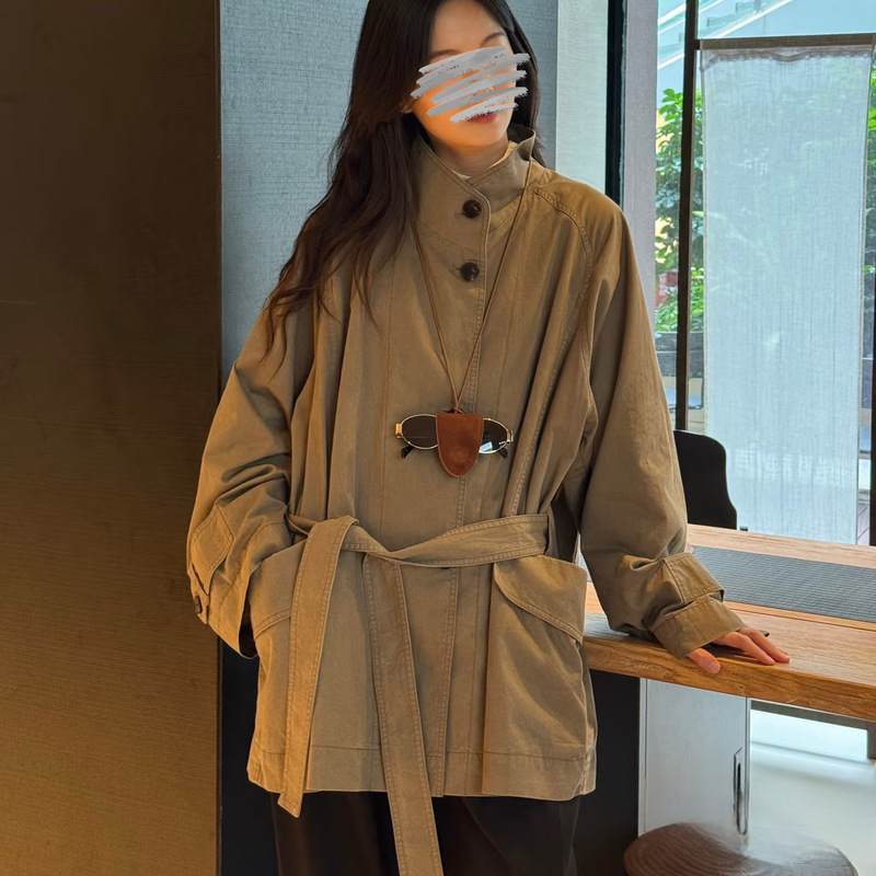 New Stylish Korean-Style Loose Combed Cotton Enzyme-Washed Stand-Up Collar Large Cuff Silhouette Short Trench Coat Jacket 5520