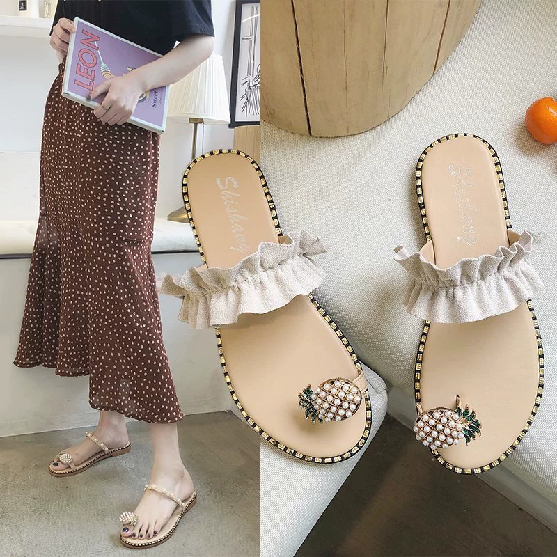 Женская Повседневная Верхняя одежда Весна и лето 2021 Новые тапочки с плоской сеткой Red Pineapple для девочек с сердечком на носке для внешней торговли 43 больших размера