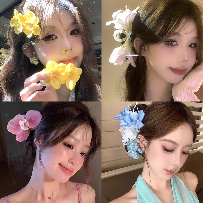 超仙仿真玫瑰花发夹后脑勺气质低马尾百合花朵抓夹氛围感百搭发饰|undefined