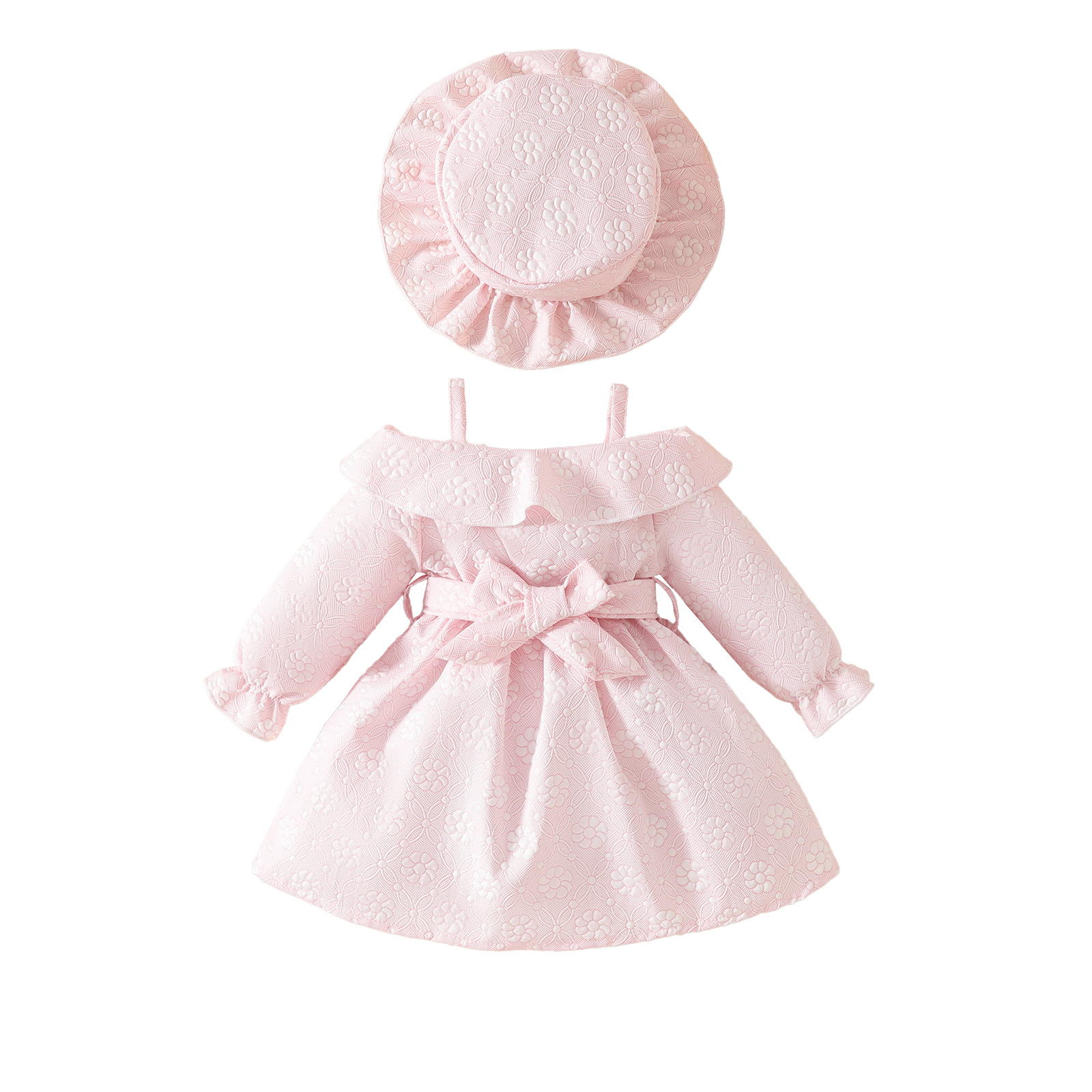 Summer Baby Girl Solid Color Hanging Shoulder Long Sleeve Dress Belt Decorative Hat Two-piece Set