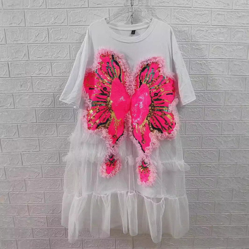 Thailand fashion brand 2023 spring and summer new design sense heavy industry beaded sequined flower stitching mesh T-shirt dress women