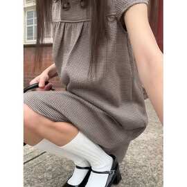 娃娃领美式复古格子短袖宽松洋气连衣裙图片色针织面料修身型纽扣