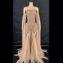 高品质时尚抹胸珍珠网纱长袖紧身长款连衣裙晚礼服欧美跨境外贸女