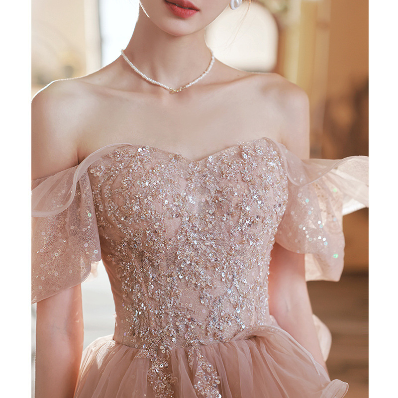 Vestido de noche Rosa 2024 verano y otoño Socialite elegante compromiso francés Mori Hada vestido de dama de honor vestido de noche fuera del hombro