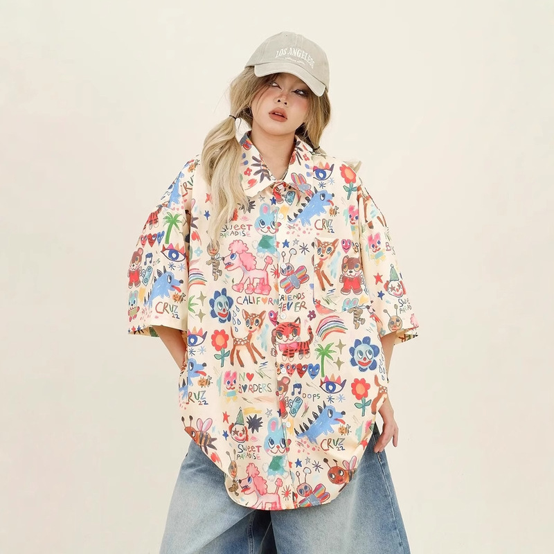Cartoon Printed Short-Sleeved Shirt for Women 2025 Summer New Loose Bf Style American Retro Casual Versatile Top Trendy