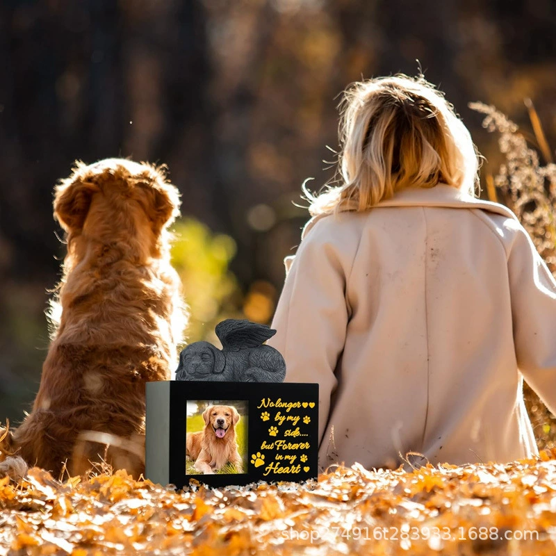 Pet urn cross-border text patterns can be made into urn solid wood processing with photo frame + angel dog funeral