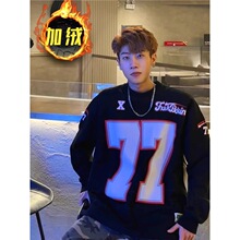 港风潮牌hiphop圆领卫衣男款秋冬穿搭复古高街77号印花原创上衣