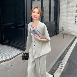 老钱风短袖西装套装女夏季2026年新款韩版气质高级感阔腿裤两件套