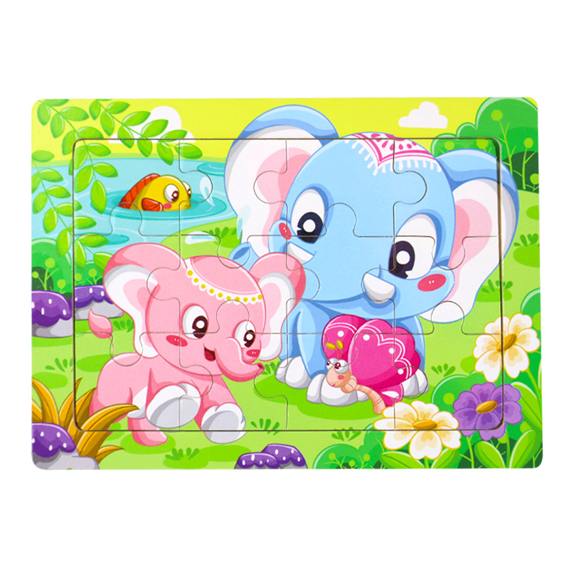 Rompecabezas plano de madera de 12 piezas, juguetes educativos para niños pequeños, rompecabezas de pensamiento lógico cognitivo de animales de dibujos animados de educación temprana