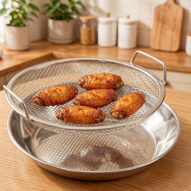 Stainless steel frying strainer, oil residue filter, double-handled oil-draining filter tray, fried chicken wings and fries rack, cross-border