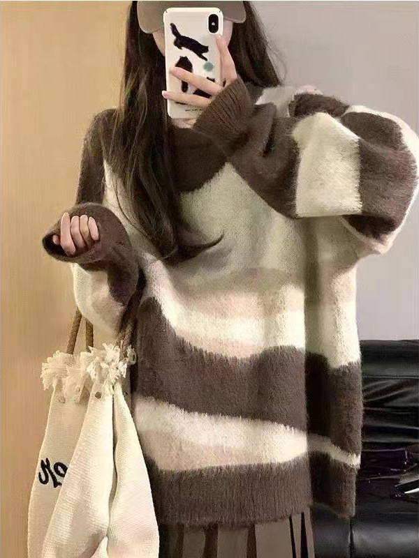 2025韩版撞色条纹毛衣女春秋冬款慵懒风设计宽松软糯长袖针织上衣|undefined