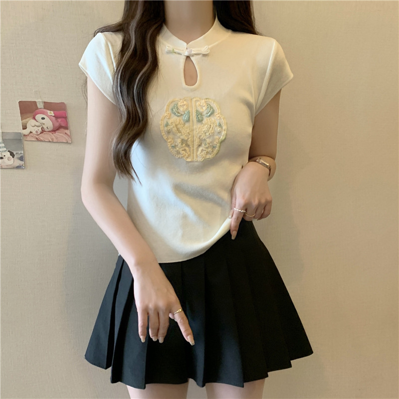 New Chinese Style T-Shirt 2024 Summer National Style Button-Up Slim-Fit Short-Sleeve Age-Reducing Slimming Top Women's Regular Embroidery New Chinese Style T-Shirt 2024 Summer National Style Button-Up Slim-Fit Short-Sleeve Age-Reducing Slimming Top Women's Regular Embroidery