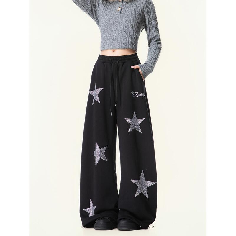 American Retro Star Rhinestone Fleece-Lined Casual Sweatpants for Women, Autumn and Winter Loose Lazy Slimming Straight Wide-Leg Pants for Men