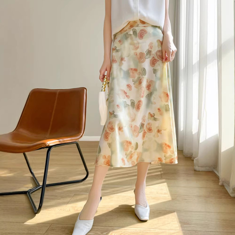 Silk Satin 2026 Spring and Summer Women's Skirt, Elegant Printed French-Style Umbrella Skirt, Loose High-Waisted Over-The-Knee A-Line Skirt