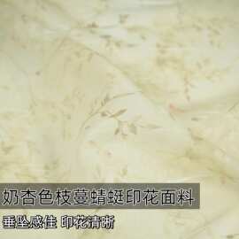 半透飘逸感 奶杏色枝蔓蜻蜓印花网纱雪纺欧根纱布料衬衫服装面料A