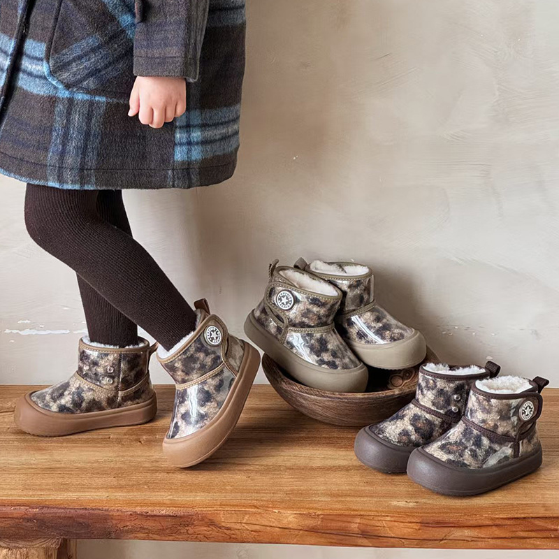 Children's Snow Boots 2026 Winter New Style Boys and Girls Leopard Print Waterproof Non-Slip Fleece-Lined Thick Warm Cotton Boots