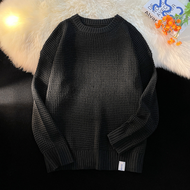 Men's hollowed-out round neck sweater, spring and autumn style, oversized trendy coat, Hong Kong style autumn loose knitwear