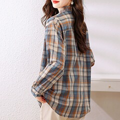 綿チェック柄シャツ女性の長袖 2025 春と秋の新韓国ファッションデザインスリムシャツ女性のトップス